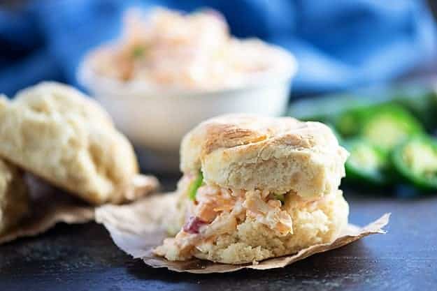 My dad's perfect fluffy biscuits filled with spicy pimento cheese. This is southern food at it's finest. 