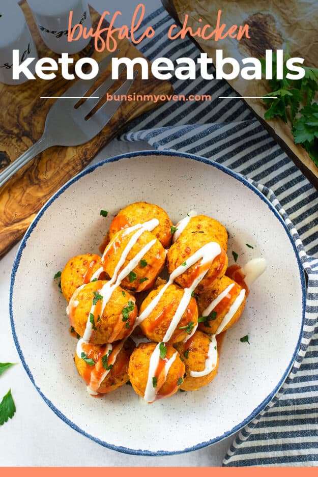 overhead view of chicken meatballs in ball with text for Pinterest.