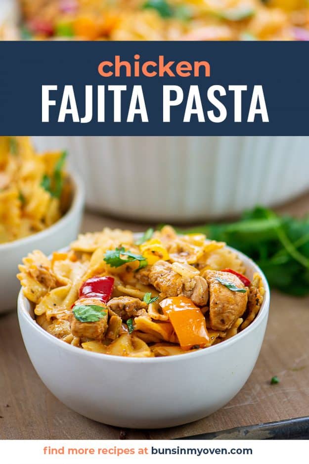 fajita pasta in white bowl.