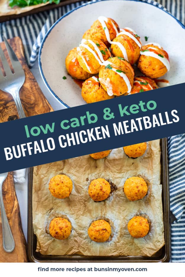 collage of low carb buffalo chicken meatball images.