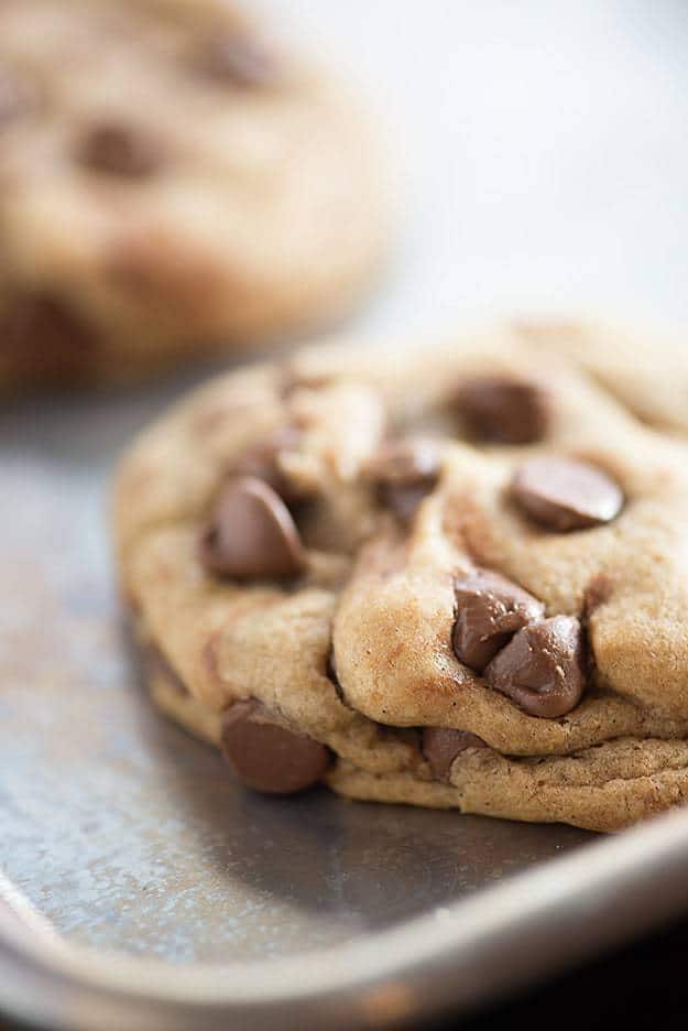 My perfectly thick and chewy chocolate chip cookies! Best part: NO CHILLING THE DOUGH!