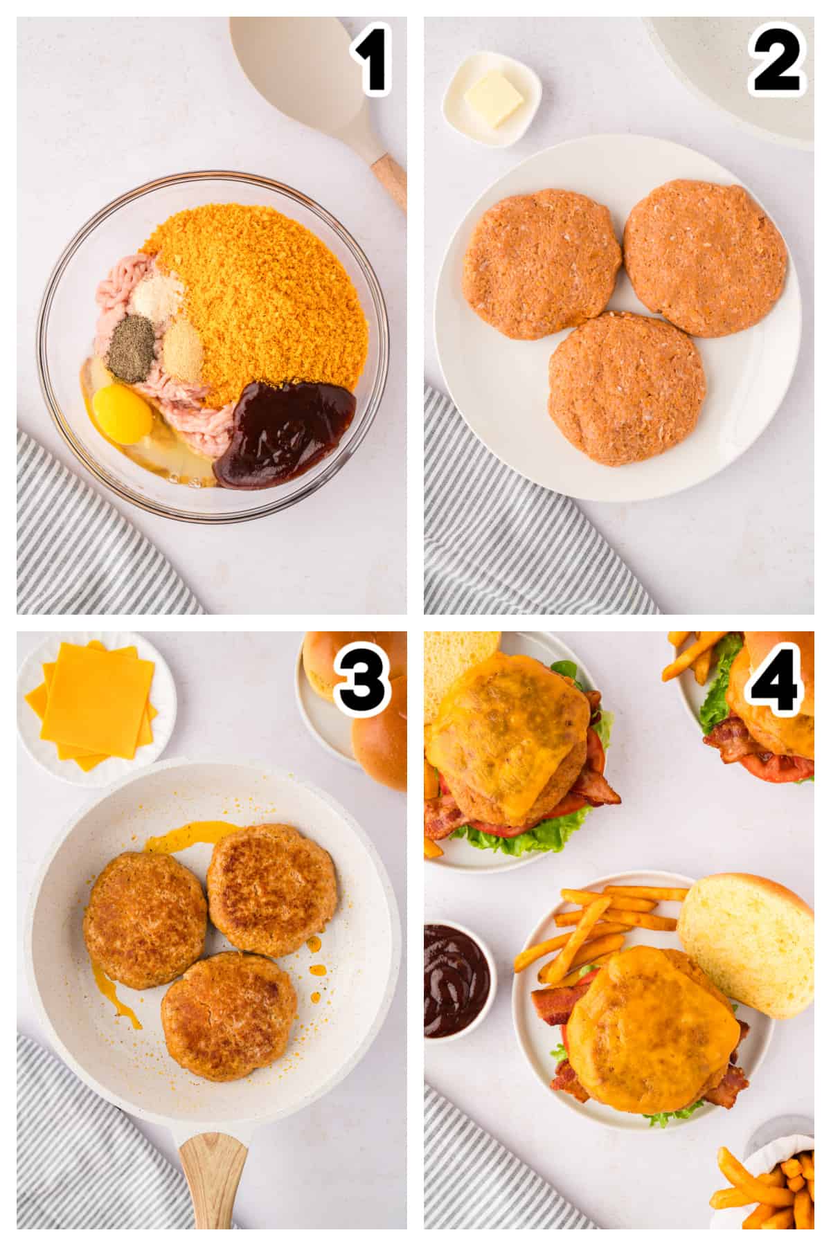 Collage showing how to make bbq chicken burgers.