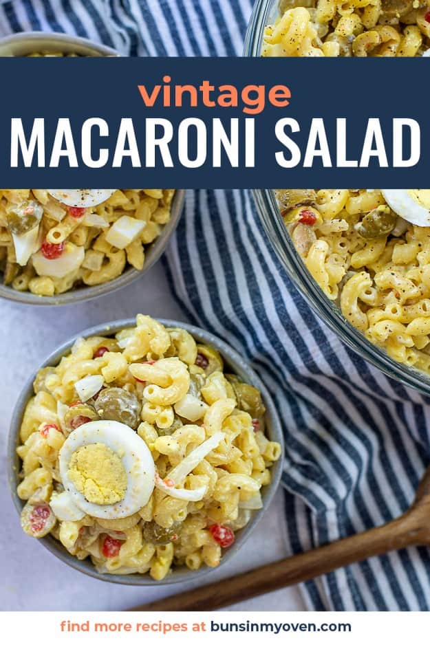 macaroni salad in bowls with text for Pinterest.