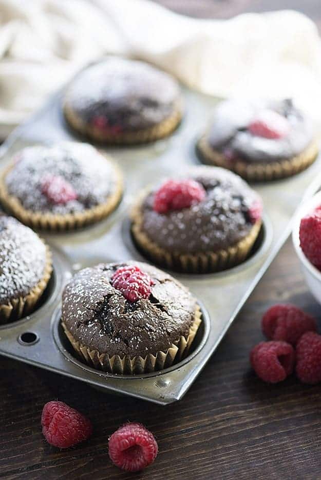 Everyone loves the burst of tart raspberries hidden inside these chocolate muffins!