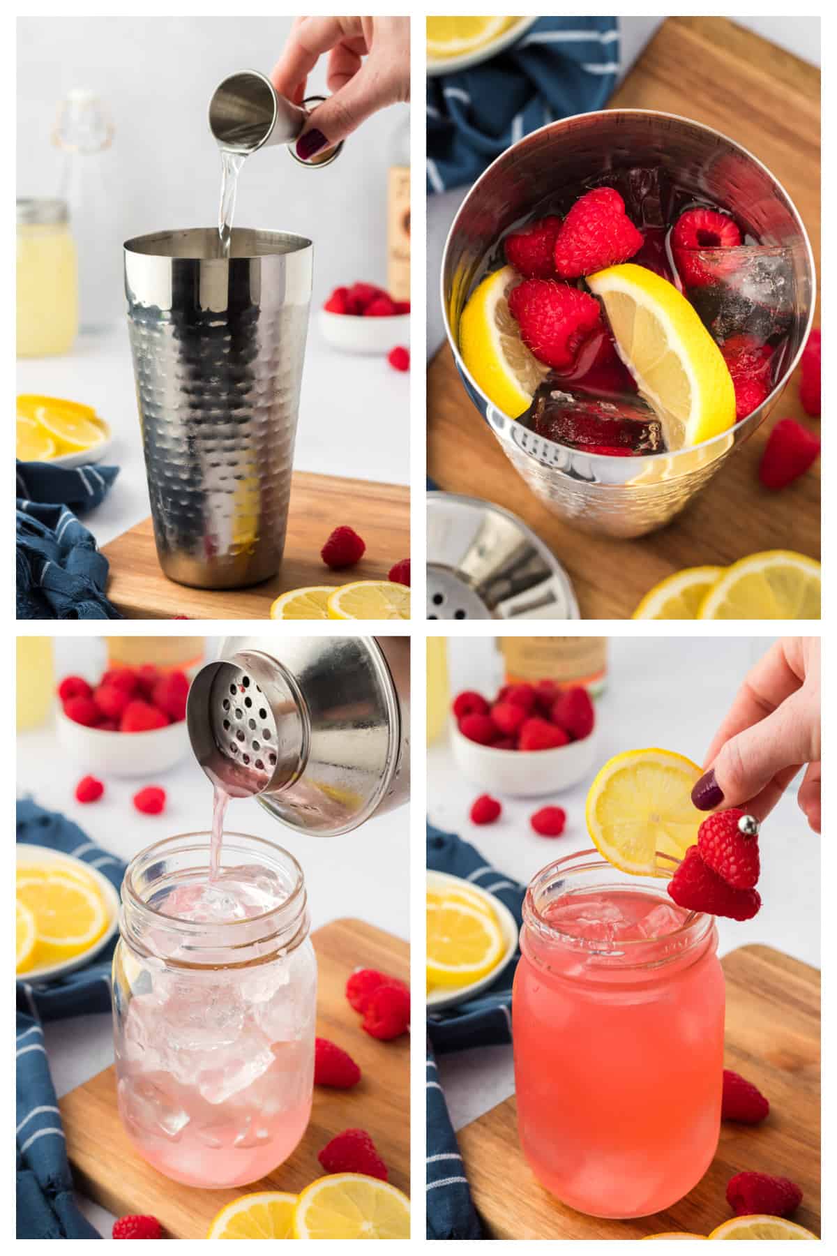 Collage showing how to make raspberry vodka collins recipe.