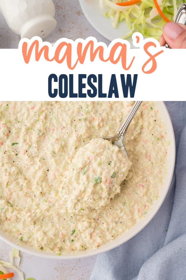 Coleslaw on spoon in bowl.