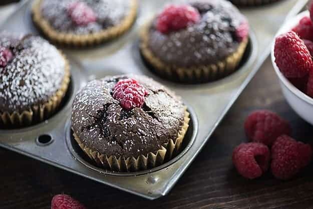 These chocolate muffins are moist and easy to make. Love the raspberries hidden inside!