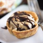 A close up of a mini chocolate chip cookie pie.
