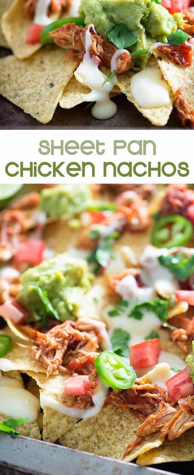 These sheet pan nachos are topped with slow cooker shredded chicken and the easiest white queso you'll ever make!