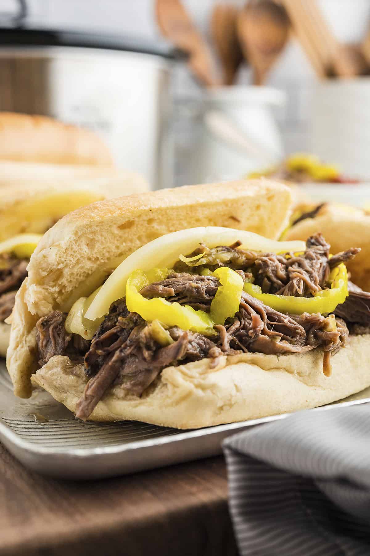 Italian beef sandwich on hoagie roll.