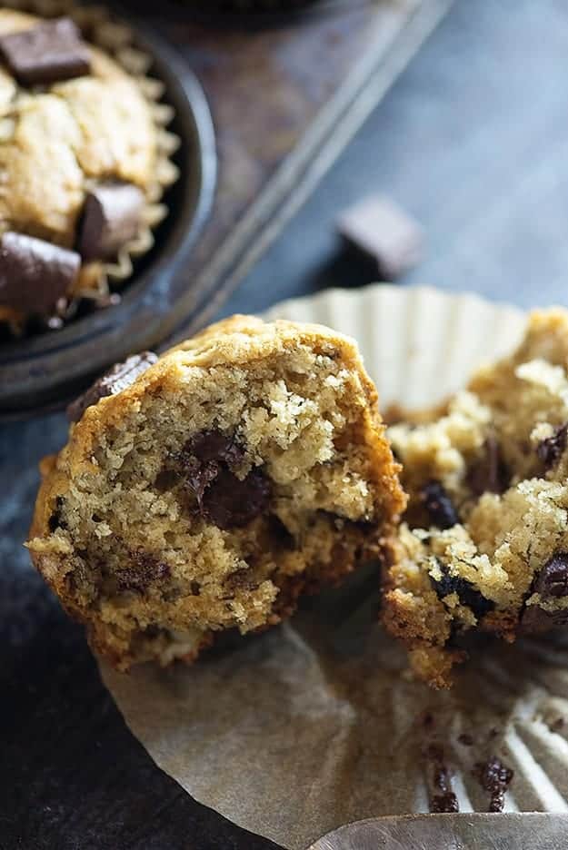 My kids and I LOVE these fluffy chocolate chunk banana muffins. 