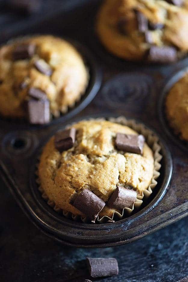 Chocolate chunk banana muffins in vintage muffin tin.