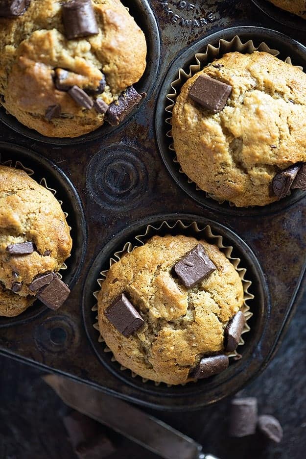 My kids and I LOVE these fluffy chocolate chunk banana muffins. 