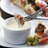 The white BBQ sauce makes these pork kebabs extra special. My kids inhaled these!