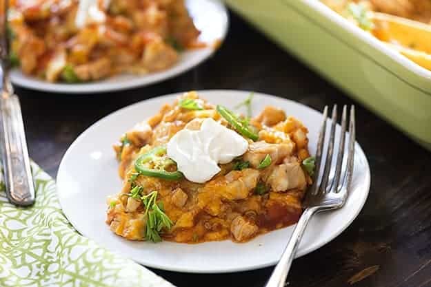 chicken tamale casserole on white plate