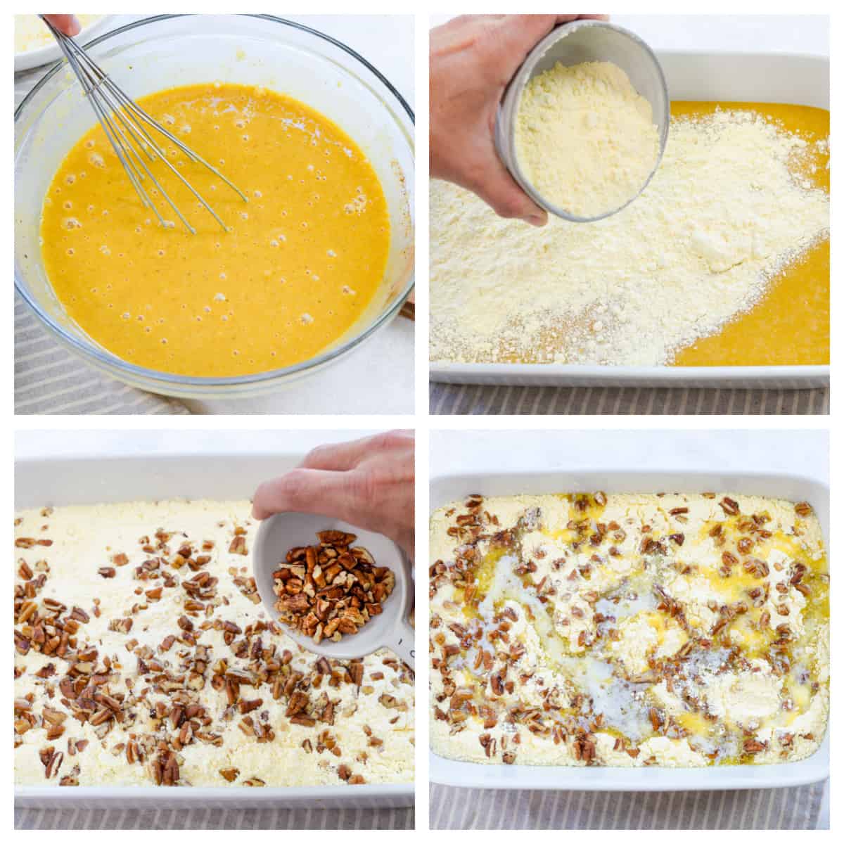 Collage showing how to make pumpkin crunch cake.