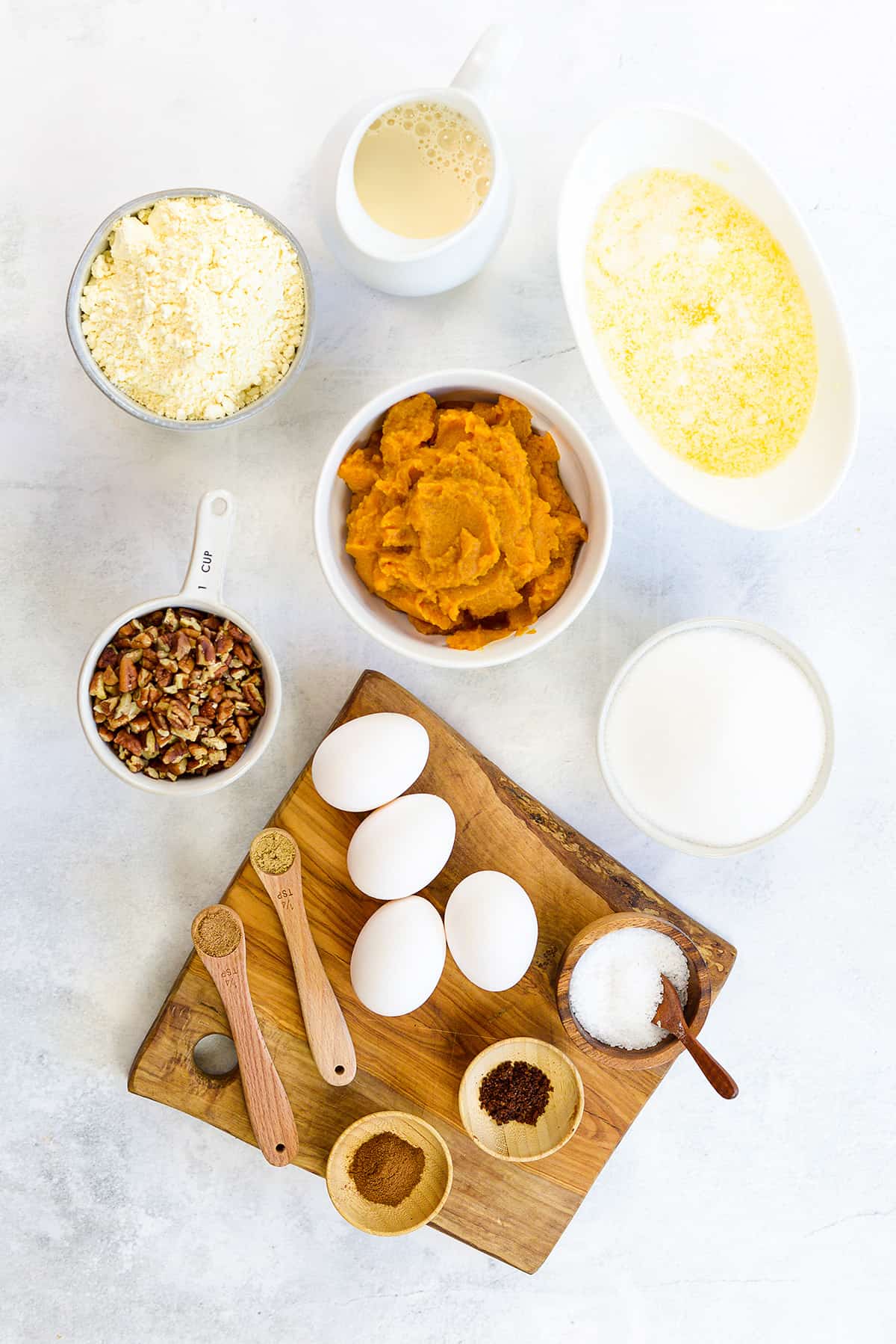 Ingredients for pumpkin crunch cake on counter top.