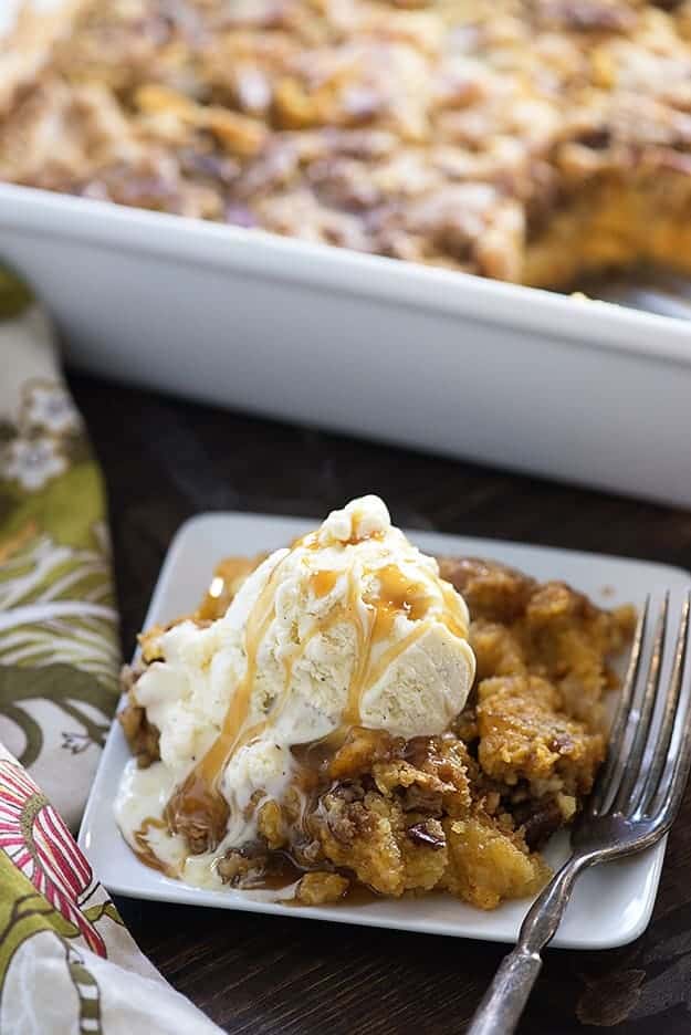 This pumpkin crunch cake has a cake topping with a bottom made of pumpkin pie filling! I couldn't stop sneaking bites of this cake!