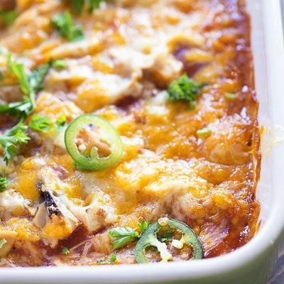 This tamale casserole is topped with shredded chicken. It's such a perfect dinner to satisfy those Mexican cravings!