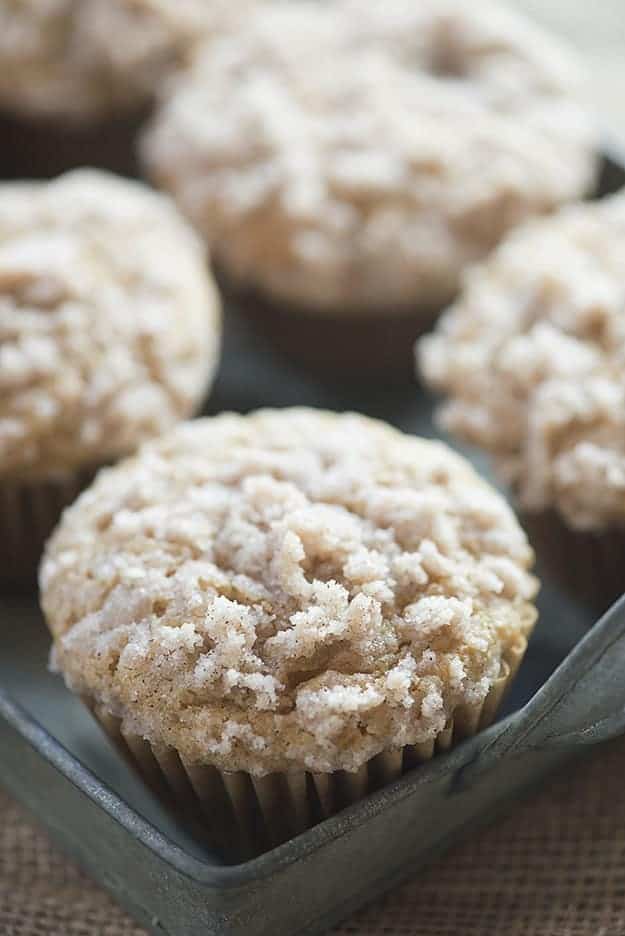 These applesauce muffins are the perfect fall breakfast. My kids love the streusel topping!