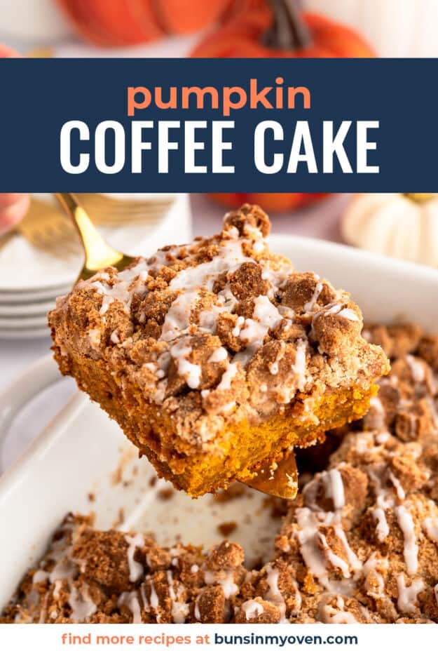 Slice of pumpkin cake on spatula with text for Pinterest.