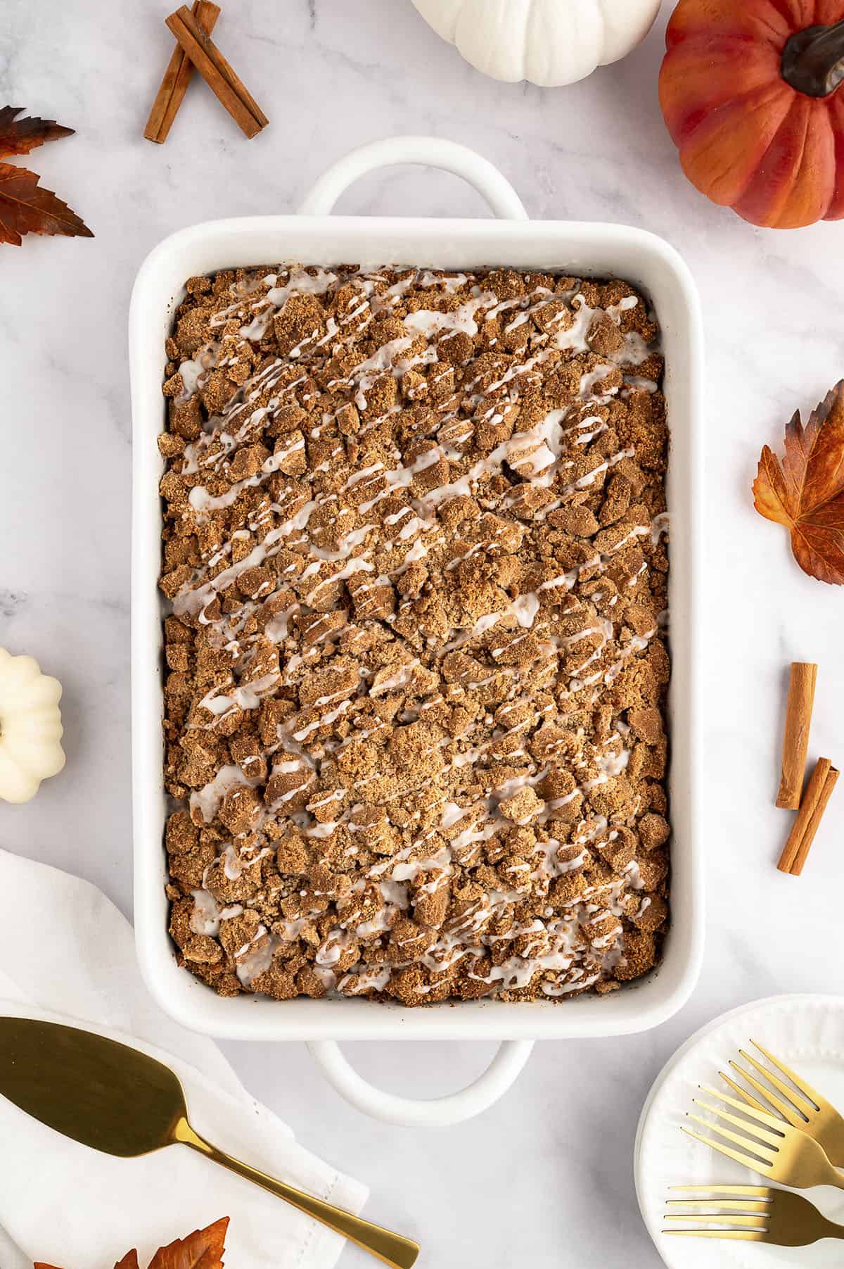 Overhead view of baked coffee cake.