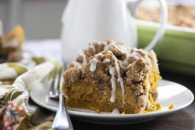 This pumpkin coffee cake is super moist and dense, kind of like a pumpkin pie. The huge streusel topping is so good, too!