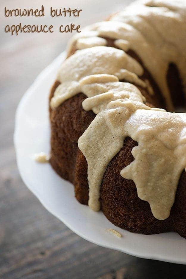 applesauce cake recipe on white cake stand