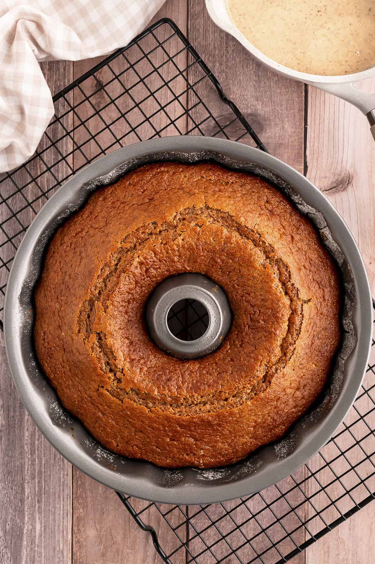 Baked cake in bundt pan.