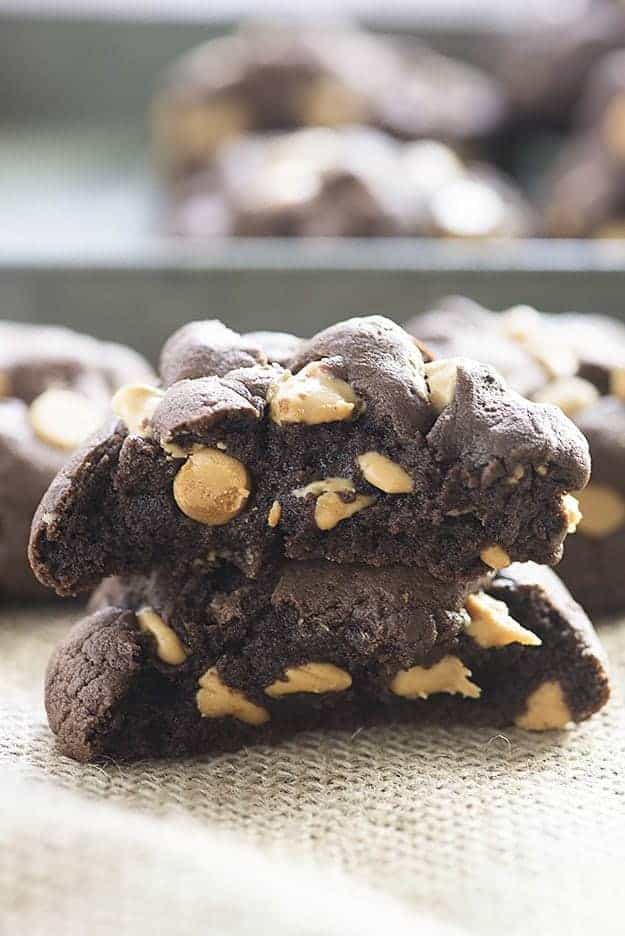 A chocolate cookie split in half and stacked on top of itself.