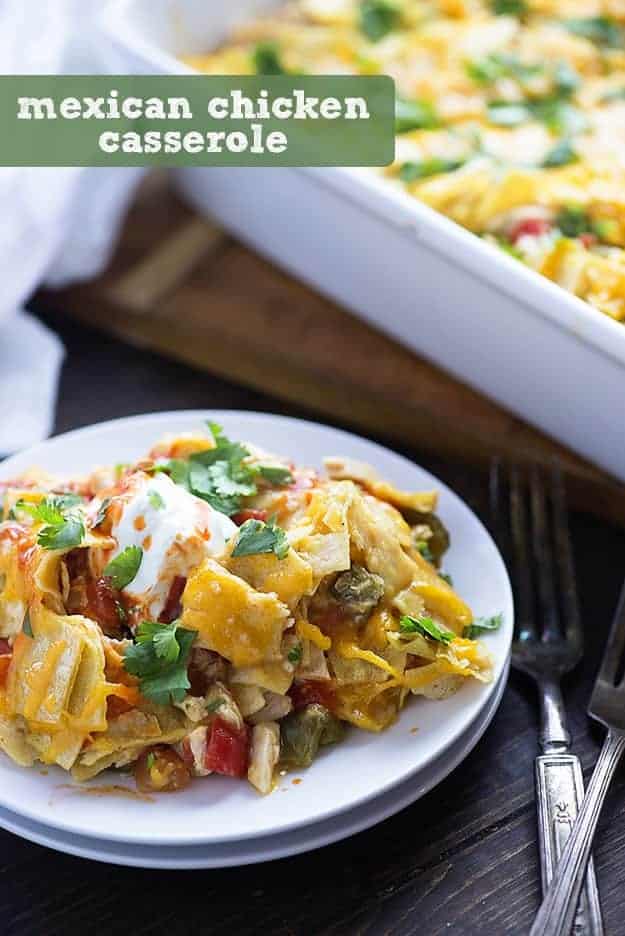 Mexican chicken casserole on white plate