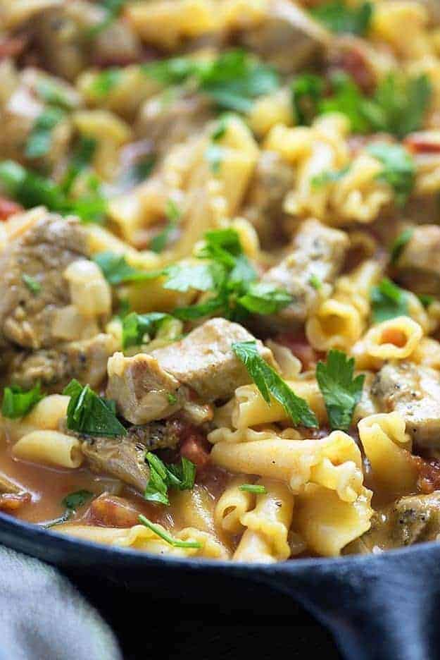one dish pasta recipe with pork in skillet