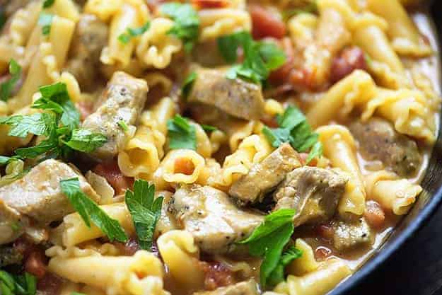 This one dish pasta recipe is loaded with pork, tomatoes, cheese, and onions for a quick dinner recipe that is ready in less than 30 minutes!