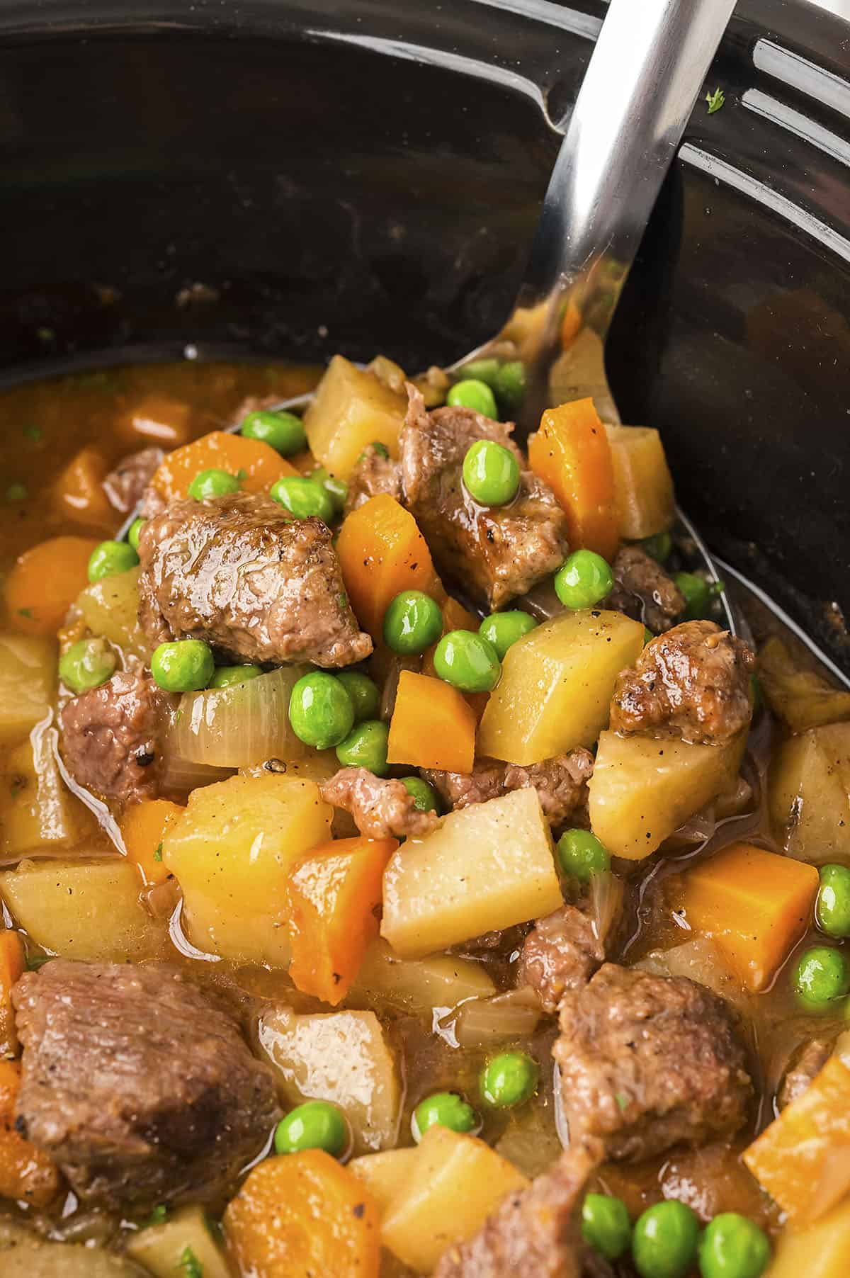 A close up of a cup of beef stew with carrots.