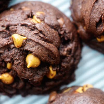 chocolate peanut butter cookies on a baking sheet.