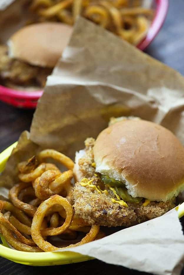 These crispy pork tenderloin sandwiches are fried right in the oven to make life easy! 