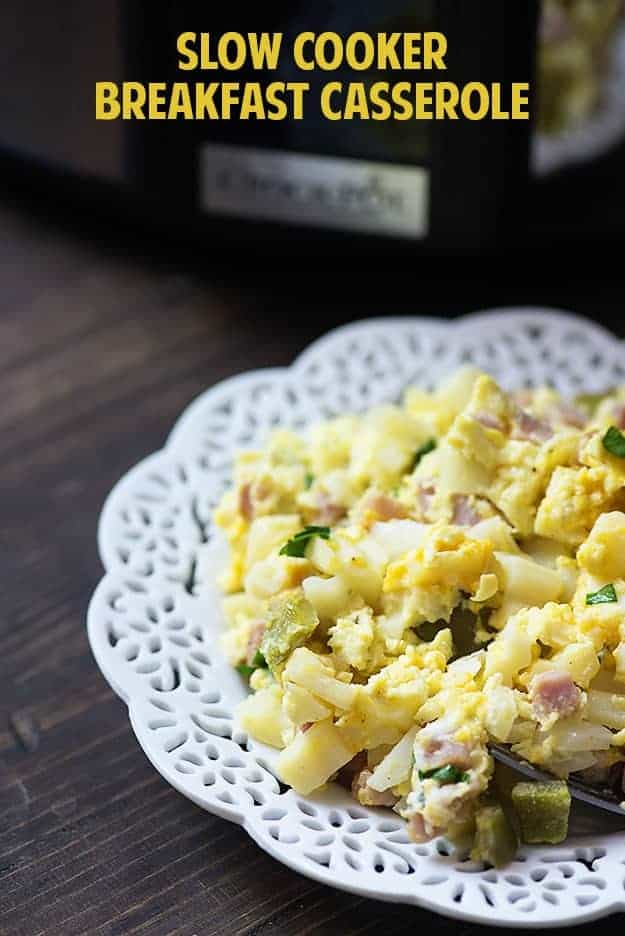 Slow cooker breakfast casserole on a white plate