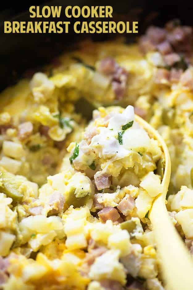 This slow cooker breakfast casserole makes a great holiday breakfast or brunch and can really feed a crowd! I love the mixture of cheesy potatoes, ham, and eggs!