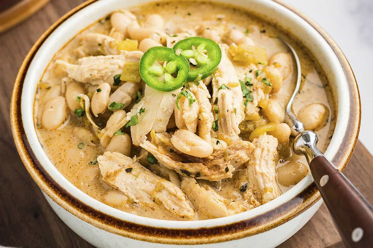 This white chicken chili is so rich and hearty! It's loaded with green chiles and chicken.