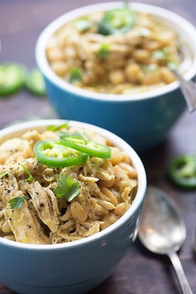 white chicken chili recipe in blue bowl