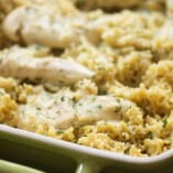 A baking pan of chicken and rice.