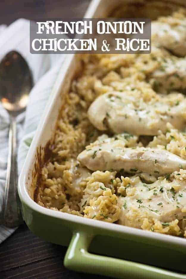 creamy chicken and rice in baking dish.