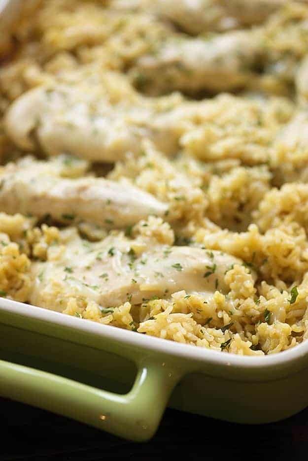 A baking pan of chicken and rice.