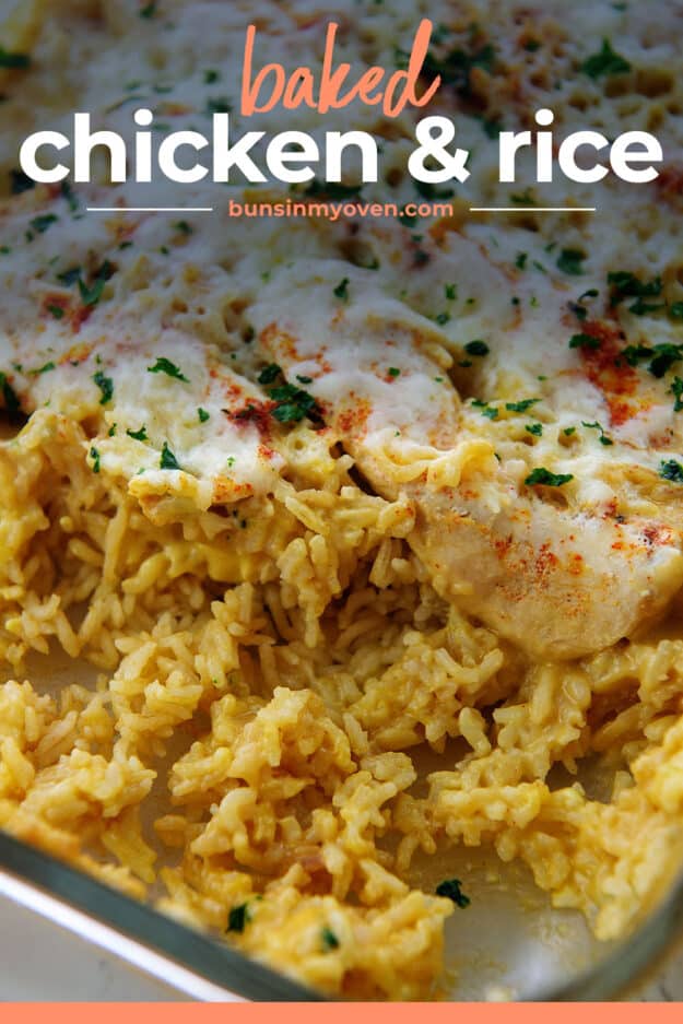 rice casserole in baking dish with text for Pinterest.