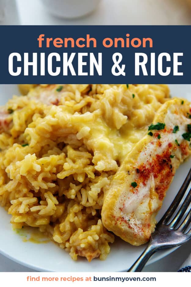 chicken and rice on plate with text for PInterest.