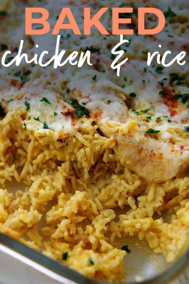 baked chicken and rice in pan with text for Pinterest.