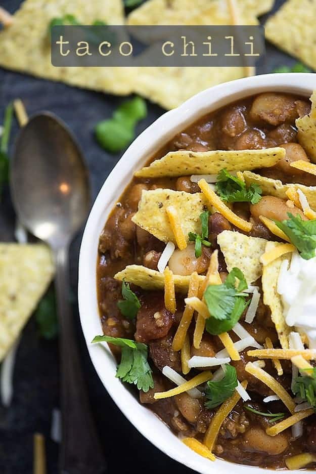 taco chili recipe in white bowl