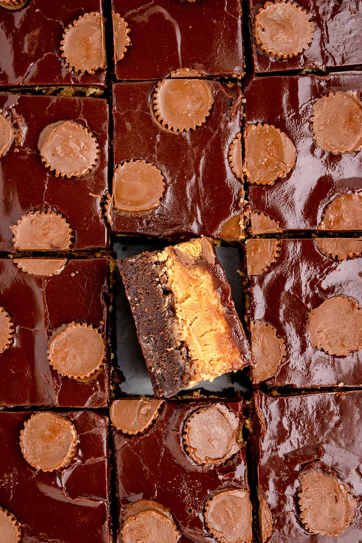 Chocolate peanut butter brownies in baking dish.