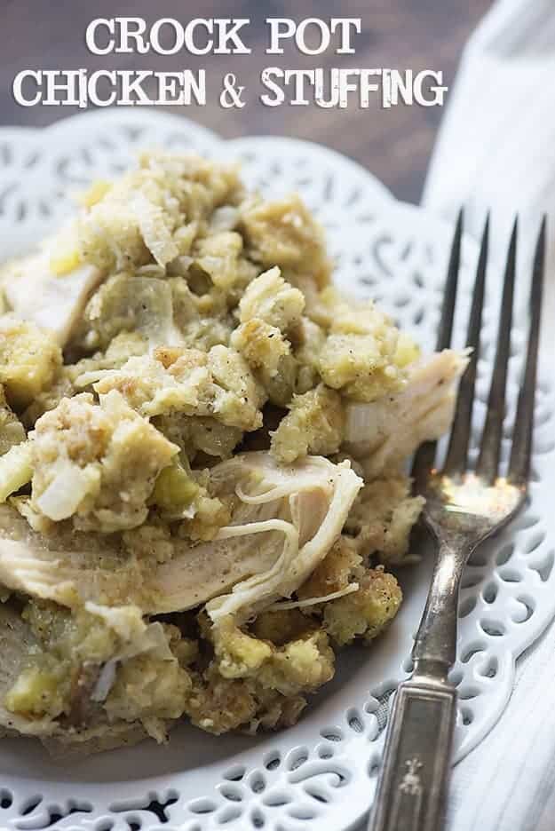 This crock pot chicken and stuffing is total comfort food! The chicken is tender and the stuffing mix cooks right in the slow cooker with the chicken!