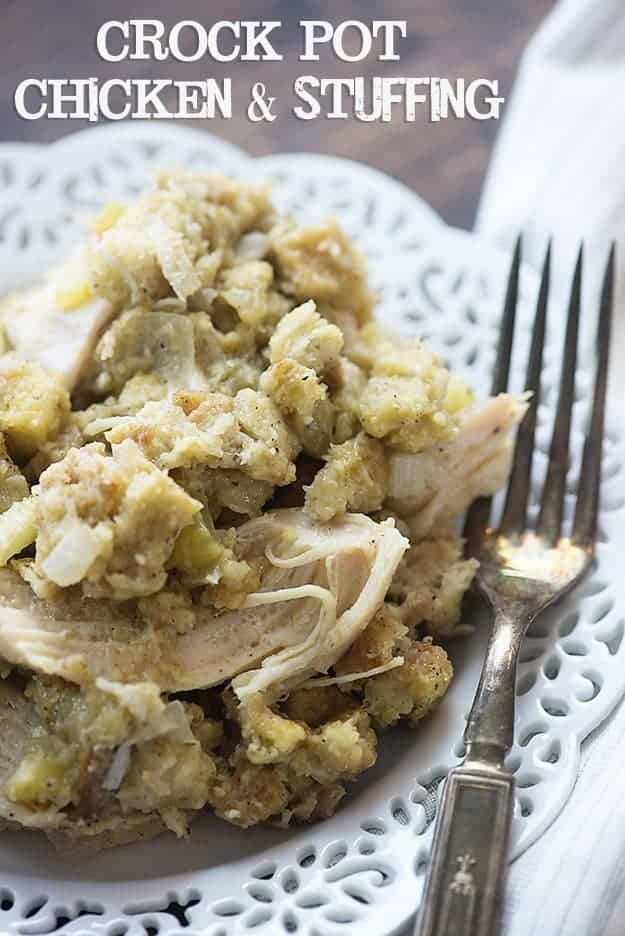 This crock pot chicken and stuffing is total comfort food! The chicken is tender and the stuffing mix cooks right in the slow cooker with the chicken! 